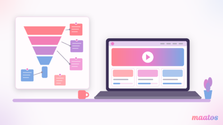 Illustration of a desk with a pinboard full of funnel diagrams and sticky notes on one side and a laptop showing a tidy course website on the other